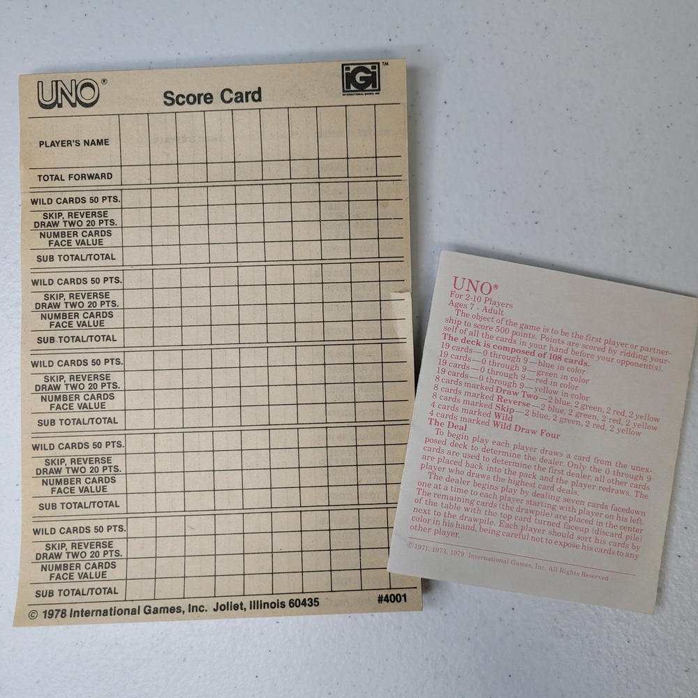 Vintage 1978 UNO Card Game Score Card Pad and 1979 Instructions Manual #4001‎